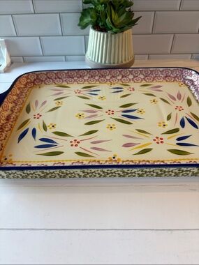 Temptations Hand-Painted Floral Ceramic Baking Dish - Cream, Blue, Pink, Green